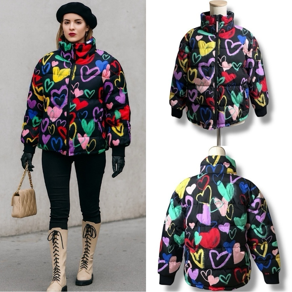 278 Wild Fable | NWOT Women’s Black Heart Print Puffer Jacket (size M)